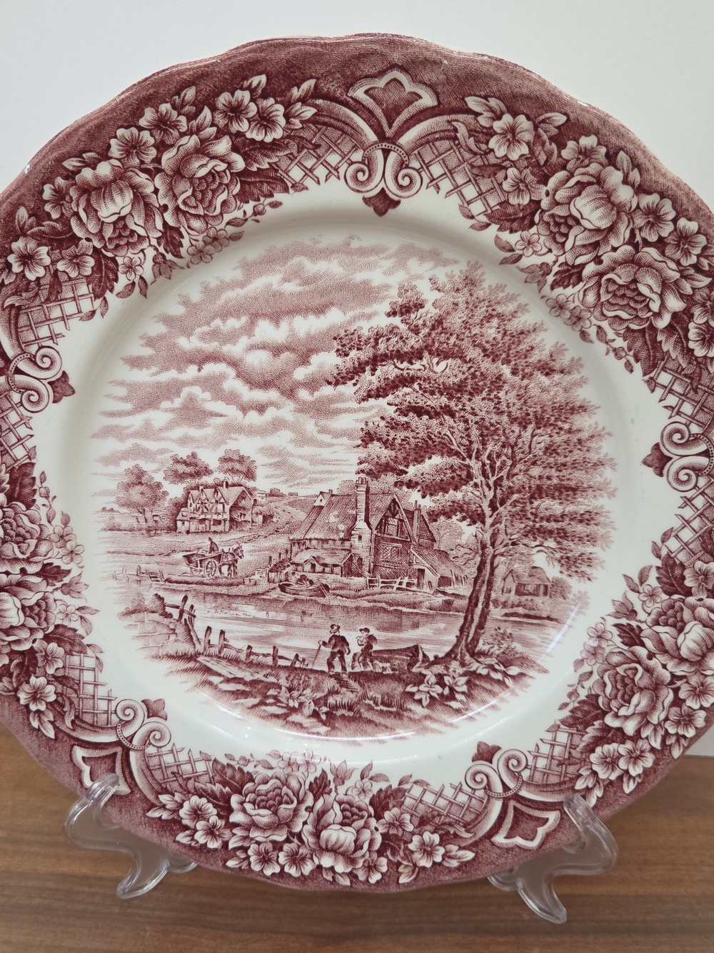 VTG Grindley England Staffordshire Porcelain Dinner Plate 10" Burgundy Cream